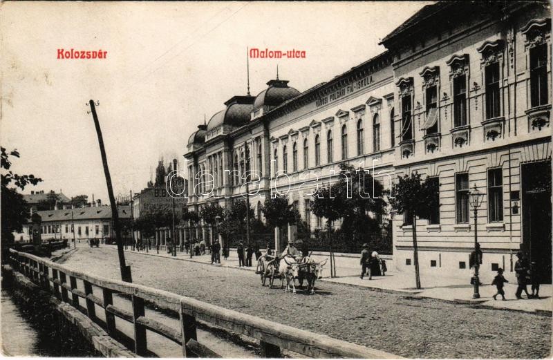 Kolozsvár, Cluj; Malom utca, Városi polgári fiú iskola, ökrös szekér, Diana fürdő, B. Bak műasztalos üzlete. Lepage Lajos kiadása / street, shop, boy school, spa, ox cart (EK)