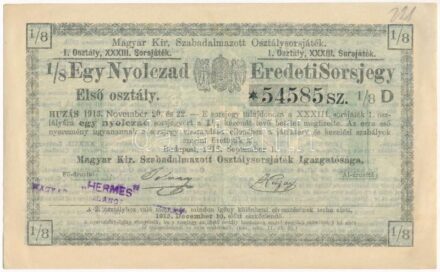 Budapest 19123. 'Magyar Kir. Szabadalmazott Osztálysorsjáték, I. osztály, XXXIII. Sorsjáték' 1/8 sorsjegy felülbélyegzéssel T:I-,II