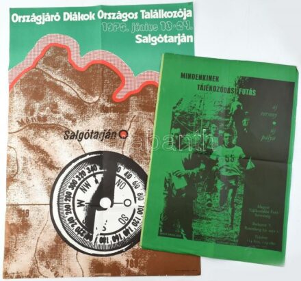 cca 1970-73 össz. 2 db plakát: M. Fekete György (1947-): Országjáró Diákok Országos Találkozója 1973, ofszet, papír, jelzett a plakáton, hajtásnyommal, lapszéli apró szakadásokkal, 80,5x56 cm + Mindenkinek tájékozódási futás,