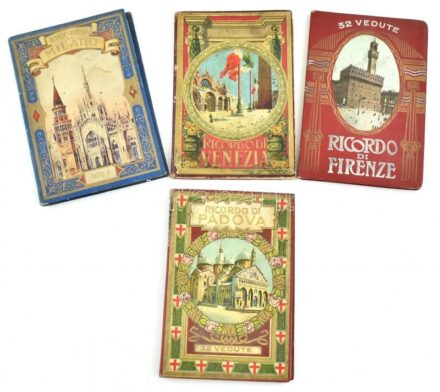 cca 1900 össz. 4 db itáliai leporelló: Velence, Miláno, Firenze, Padova, kopott, helyenként sérült vászonkötésben