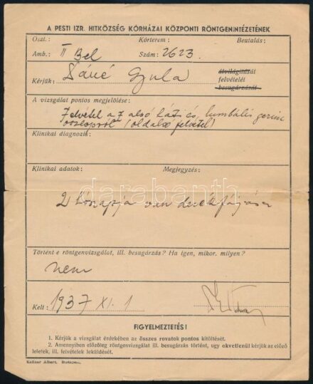 1937 A Pesti Izr. Hitközség Kórházai Központi Röntgenintézetének lapja, kisebb, részben javított szakadásokkal, hajtásnyomokkal