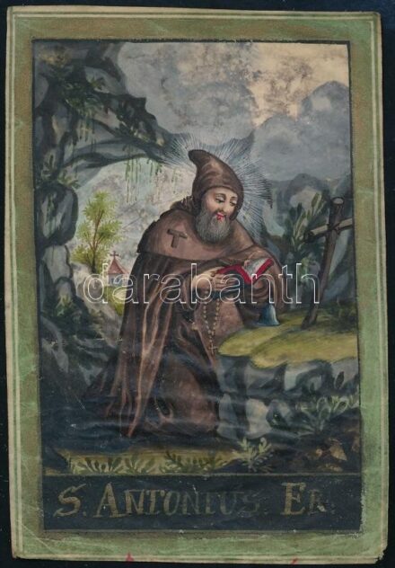 XVIII-XIX. sz. Szent Antal kézzel festett szentkép 7x10,5 cm