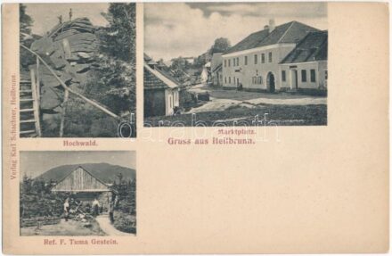 Hojná Voda, Heilbrunn (Horní Stropnice, Strobnitz); Hochwald, Marktplatz, Ref. F. Tuma Gestein / market square, hikers, chalet. Verlag Karl Schachner (EK)