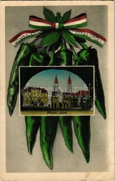 1949 Szeged, Püspöki palota. Montázs paprikával és magyar szalaggal. Szépkuti Sándor kiadása (fa)