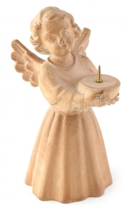 Faragott fa angyalkás gyertyatartó, 16cm