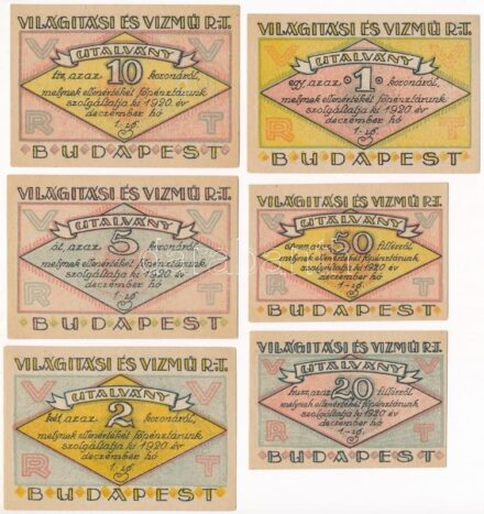 Budapest 1920. 'Világítási és Vízmű R.T.' 20f + 50f + 1K + 2K + 5K + 10K T:I- Adamo BUC-298.1-6