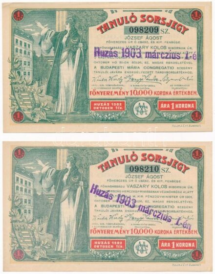 Budapest 1903. 'Tanuló Sorsjegy' 1K értékben, felülbélyegzéssel (2x) sorszámkövetők T:I- egyiken nagyobb saroktörés