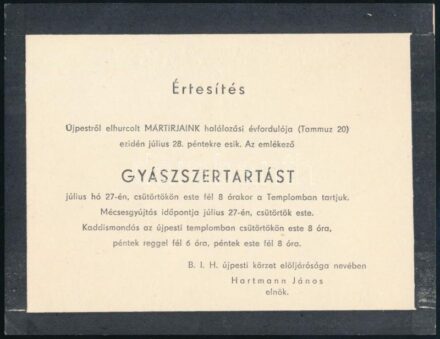 cca 1960 Ujpestről elhurcolt zsidó mártírok emlékére szóló gyászszertartás értesítője