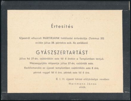 cca 1960 Ujpestről elhurcolt zsidó mártírok emlékére szóló gyászszertartás értesítője