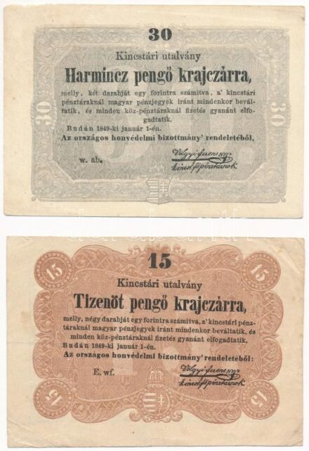 1849. 15kr + 30kr 'Kossuth bankó' T:II-,III Adamo G102, G103