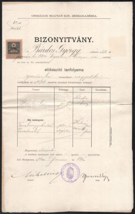 1906 Zeneakadémiai bizonyítvány Mihalovits Ödön zeneszerző, a Zeneakadámia igazgatójának aláírásával
