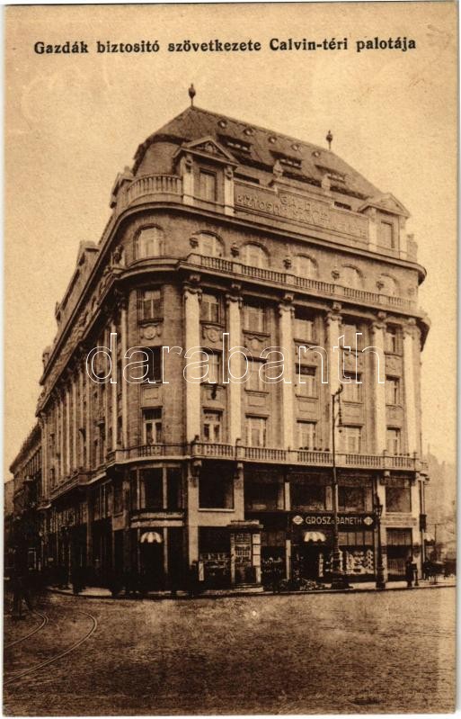 Budapest IX. Gazdák Biztosító Szövetkezete Kálvin téri palotája, Grósz és Baneth üzlete, villamos