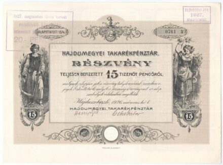 Hajdúszoboszló 1926. 'Hajdúmegyei Takarékpénztár' részvény 15P-ről szelvényekkel, '20P-re emeltetett' felülbélyegzéssel, szárazpecséttel T:I-