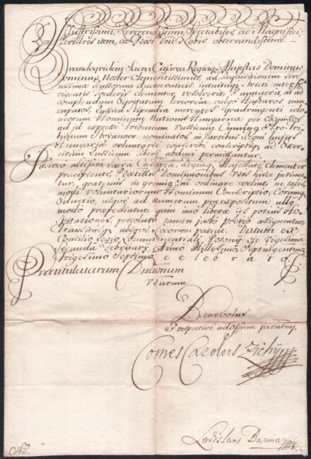 1737 Pozsony, a Helytartótanács tudósító levele (intimatorium) Szatmár vármegyének az orosz hadsereg Cumming és Sztojanov huszárezredeibe toborzandó lovaskatonák ügyében, gróf Zichy Károly helytartótancsi tanácsos aláírásával