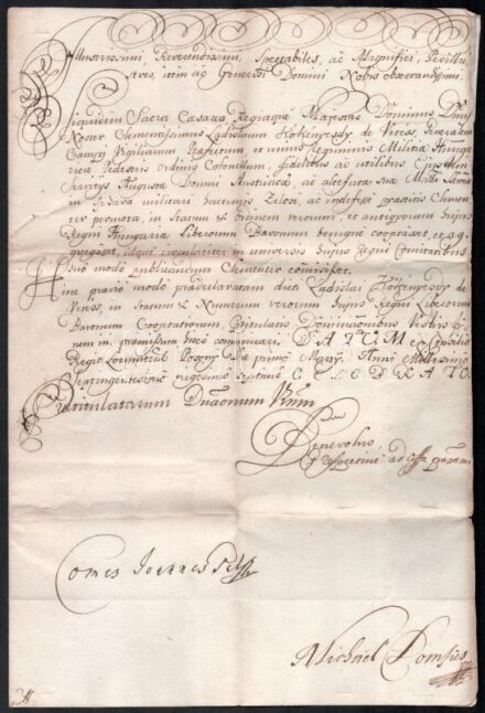 1737 Pozsony, a Helytartótanács tudósító levele (intimatorium) Szatmár vármegyének vetési Kökényesdy László (?-?) tábornok bárói rangra emeléséről, amelyben egyúttal kérik, hogy a vármegye is hirdesse ki a rangemelést. gróf