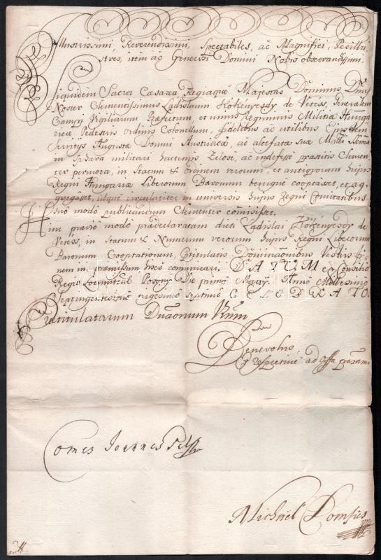 1737 Pozsony, a Helytartótanács tudósító levele (intimatorium) Szatmár vármegyének vetési Kökényesdy László (?-?) tábornok bárói rangra emeléséről, amelyben egyúttal kérik, hogy a vármegye is hirdesse ki a rangemelést. gróf