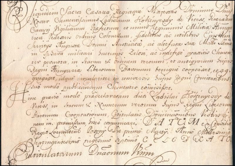 1737 Pozsony, a Helytartótanács tudósító levele (intimatorium) Szatmár vármegyének vetési Kökényesdy László (?-?) tábornok bárói rangra emeléséről, amelyben egyúttal kérik, hogy a vármegye is hirdesse ki a rangemelést. gróf - Image 4