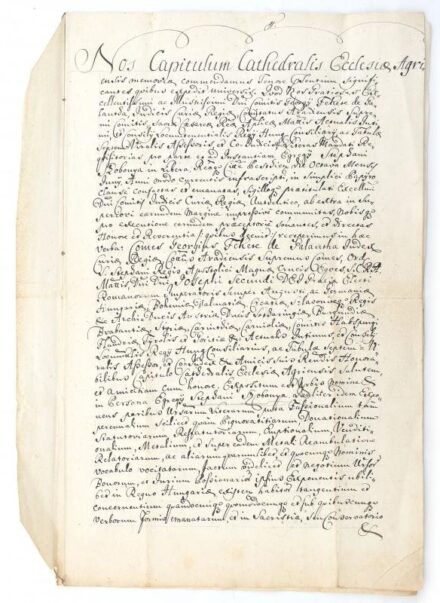 1781 Az egri káptalan oklevele, amelyben galántai Fekete György országbíró kérésére átírja a Szobonya István abaúj vármegyei nemes birtokaival kapcsolatos korábbi (Fekete, illetve a káptalan által kiállított) okleveleket. Papír,