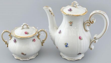 Zsolnay mokkás kanna és cukortartó, kézzel festett porcelán, kopott, jelzett.