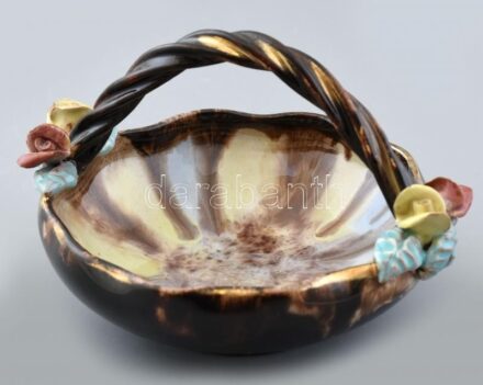 Art Deco kerámia kosár, csorbákkal, jelzés nélkül, d:13 cm