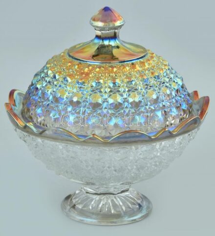 Karneválüveg, cukortartó, öntött, irizáló réteggel festett üveg, Egyesült Királyság, Fenton, 1970 körül. Hibátlan. m:19 cm