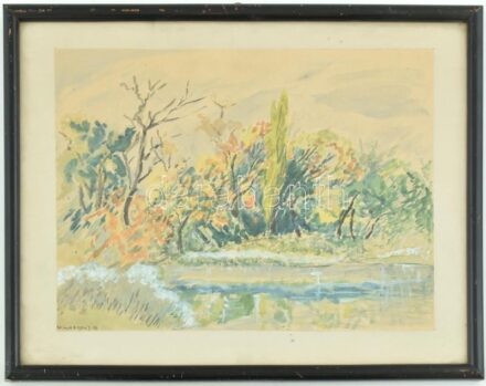 Olvashatatlan jelzéssel: Táj. Akvarell, papír. Üvegezett, kisé sérült fa keretben. 23,5x33 cm