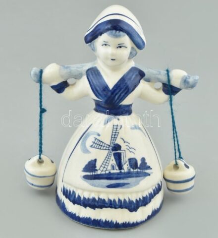Holland figurális csengő, kézzel festett fajansz, jelzett, kopott, m:14 cm