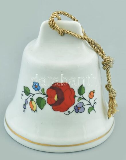 Kalocsai porcelán csengő, kézzel festett, kopott, jelzett, m:7cm