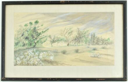 Olvashatatlan jelzéssel: Felhős táj. Akvarell, papír. Üvegezett, kissé sérült fa keretben. 22,5x38 cm