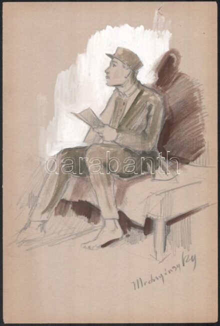 Mednyánszky jelzéssel: Olvasó alak. Ceruza, akvarell, papír, sérült, 30x20 cm