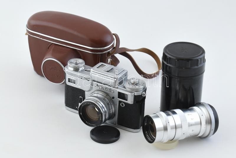 Kiev retro szovjet fényképezőgép, eredeti bőr tokjában, nem kipróbált, + hozzá való objektívvel: Jupiter 11 135mm f4 - Kiev-Kontax.
