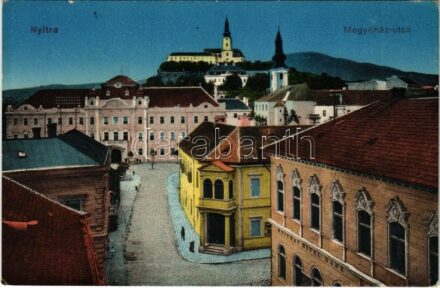 Nyitra, Nitra; Megyeház utca, Hitelbank / county hall, street, credit bank