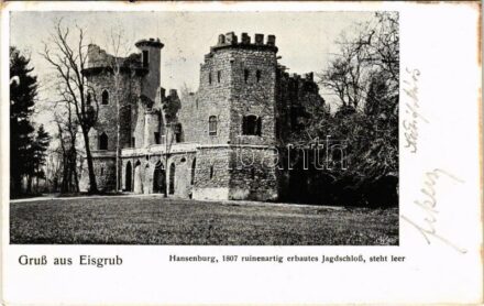 1904 Lednice, Lednice-Valtice, Feldsberg-Eisgrub, Eisgrub; Hansenburg, 1807 ruinenartig erbautes Jagdschloß, steht leer / hunting lodge, castle (fl)