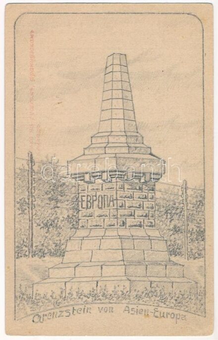 Ural, Oural; Grenzstein von Asien-Europa / Boundary stone between 'Europe' and 'Asia' in the Urals. WWI K.u.k. military drawing / Első világháborús katonai rajz Ázsia és Európa közötti határkőről (EK)