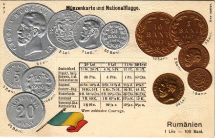 Rumänien - Münzenkarte und Nationalflagge / Románia - érmék és zászló. Dombornyomott / Romanian coins and flag. Embossed, litho