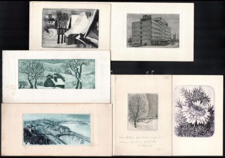 6 db üdvözlőlap kisgrafika, rézkarc, jelzés nélkül. 1970-88 körül. Részben kissé foltos, különböző méretben