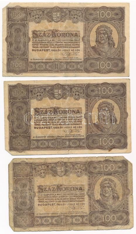 1923. 100K (3db, 2xklf: nyomdahely jelöléssel és nélküle) T:III,III- Hungary 1923. 100 Korona (3pcs, 2xdiff: with printer's mark and without it) C:F,VG Adamo K30