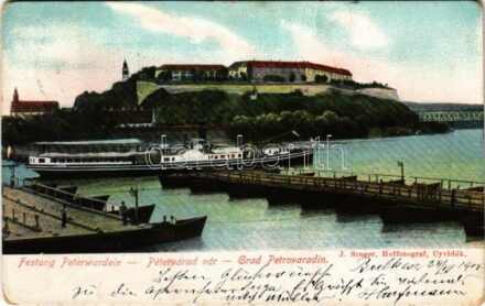 1905 Újvidék, Novi Sad, Pétervárad, Petrovaradin; vár, hajóhíd, 'Albrecht' gőzüzemű oldalkerekes személyhajó / Festung / castle, pontoon bridge, Hungarian passanger steamship (kopott sarkak / worn corners)