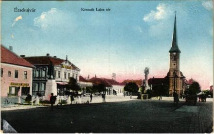 1915 Érsekújvár, Nové Zámky; Kossuth Lajos tér, Nemzeti Szálló, Steiner Miksa és Pollak Vilmos kiadása / square, hotel, church, shop