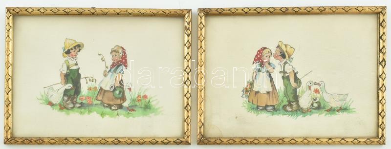 2 db festett selyemkép, üvegezett dekoratív keretben, 14,5x20cm, (Hátoldalon: Hoffmann Ferenc képszalon kiállítási etikett címkéje)