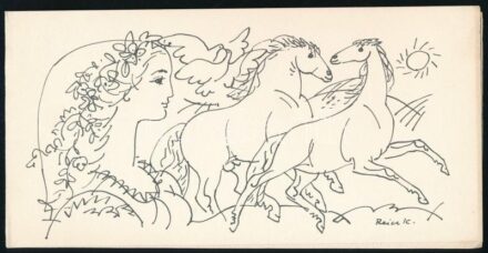 cca 1980 Reich Károly (1922-1988) munkájának ofszet reprodukciójával illusztrált Képcsarnok újévi üdvözlőlap, 10x20 cm
