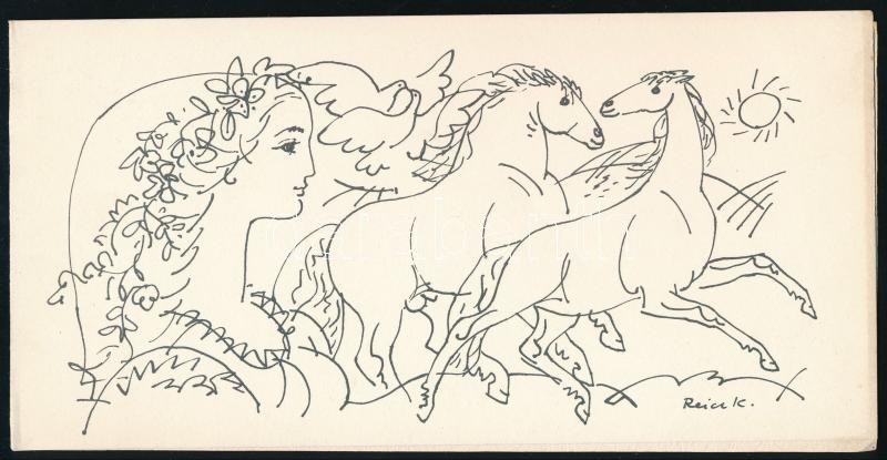 cca 1980 Reich Károly (1922-1988) munkájának ofszet reprodukciójával illusztrált Képcsarnok újévi üdvözlőlap, 10x20 cm
