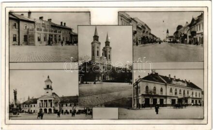 1942 Zombor, Sombor; városháza, templom, Vadászkürt szálloda, rendőr, Fő utca, üzletek. Schlotzer József kiadása / town hall, church, hotel, policeman, main street, shops