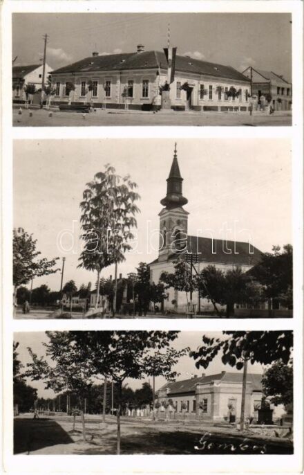 1942 Gombos, Bogojevo; községháza, országzászló, római katolikus templom, árvízmentesítő társulat / town hall, Hungarian flag, church, flood control company