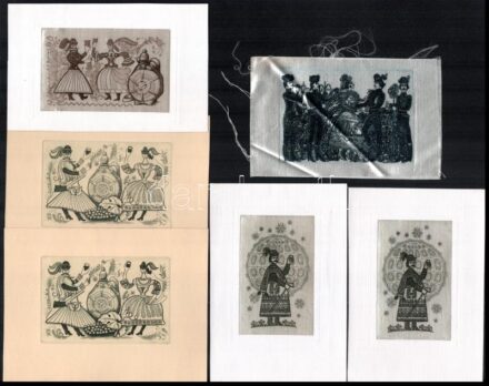 Jelzés nélkül: (Füle Mihály?): 6 db magyaros-népies témájú rézkarc, hordozó selyem v. papírt, egyik hajtásnyomokkal,. 9,5x5,5 és 7x10 cm közötti méretben