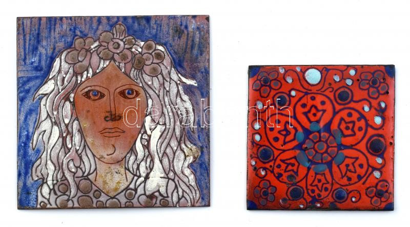2db tűzzománc mini kép, jelzés nélkül, kopott, gyári hibákkal! 6x6 és 8x8cm