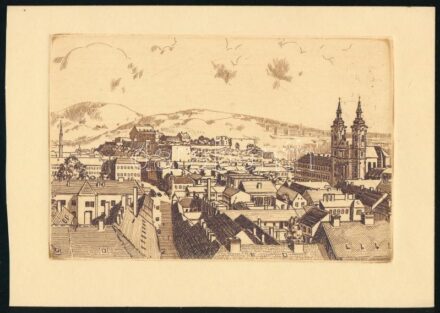 Jelzés nélkül: Eger látképe. Rézkarc, papír. 7,5x12 cm