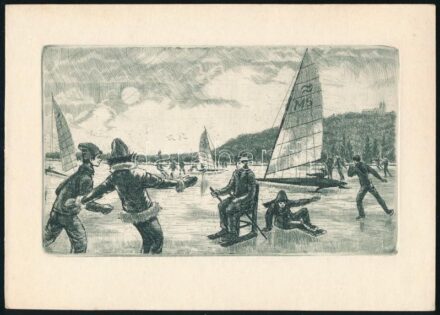 Jelzés nélkül: Téli élet a Balatonon, Tihany közelében. Rézkarc, papír. 7,5x12,5 cm