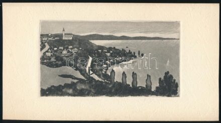 Jelzés nélkül: Balatoni látkép Tihannyal. Rézkarc, papír. 6,5x12 cm
