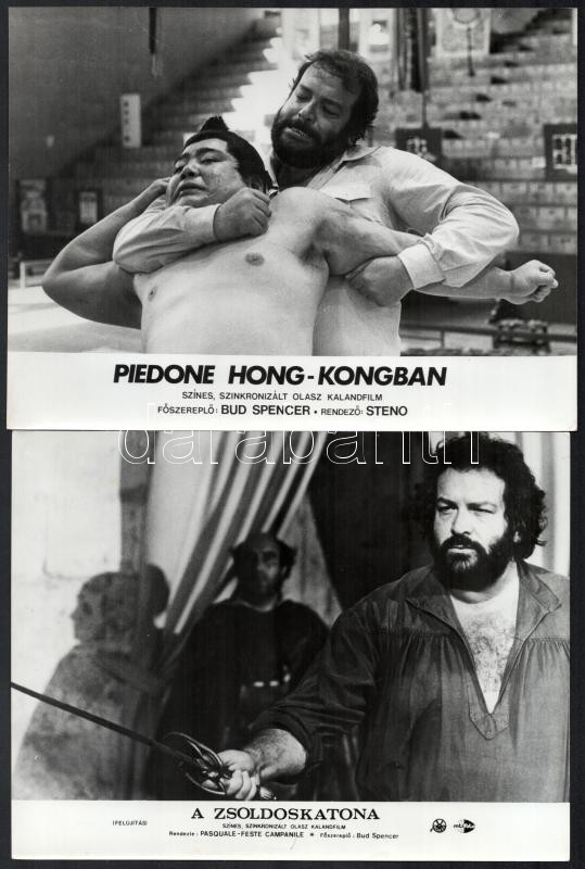 Bud Spencer (1929-2016) olasz filmszínész öt film egy-egy jelenetében, 5 db produkciós filmfotó, az egyik kép alsó szélén - a szövegmezőben - kis szakadás, 18x24 cm - Image 2